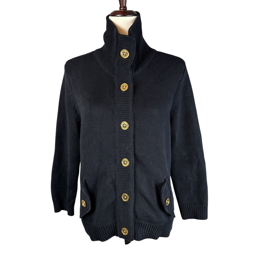 Ralph Lauren Classic Gold Button Cardigan Sweater Jacket Size L Black‎ Cotton